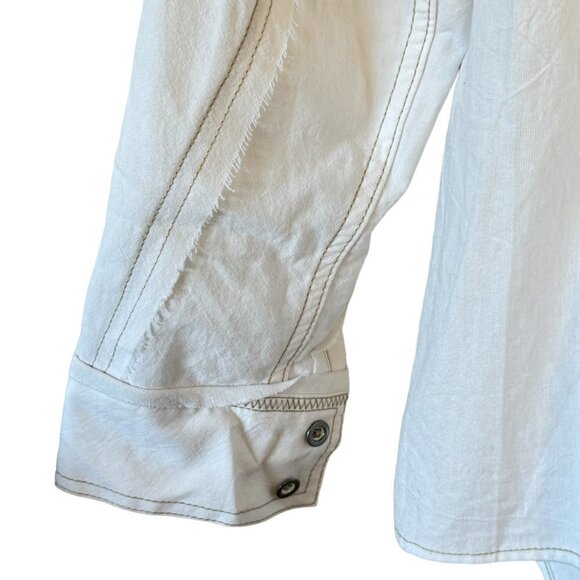Free People Oversized Shirt Jacket Cream with Tan Exposed Stitching Raw Seams  S - Picture 3 of 11